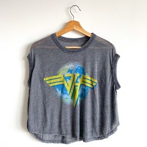 Van Halen distressed logo on a gray women’s XS oversized, muscle, sleeveless